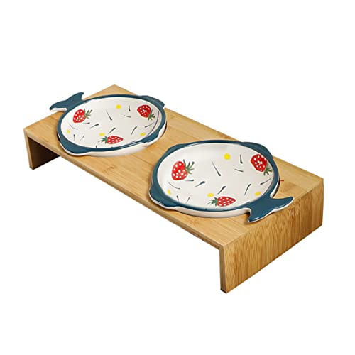 BESTonZON 1Set Hand Bemalt Keramik Doppel Schüssel Haustier Wasser Feeder Katzenfutter Feeder Hundefutter Schüssel Bambus von BESTonZON