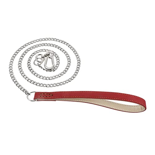 BESTonZON Hundeleine Körperpflege Haustierbedarf Hundeseil Halsband für Hunde führen groß keilriemen Haustier Führstrick Hundekette mit Ledergriff Metallleine für Hunde Rostfreier Stahl rot von BESTonZON