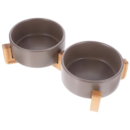 BESTonZON Keramik Doppelnapf mit Holzständer rutschfest und Erhöht Stabile Futterschüssel für Katzen und Hunde Spülmaschinenfreundlich Komfortable Fresshöhe Design für Futter und Wasser von BESTonZON