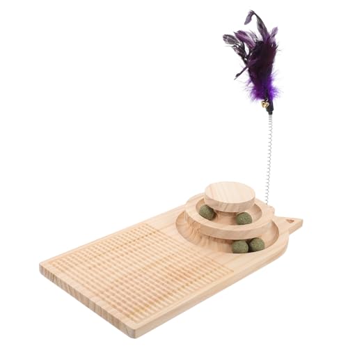 BESTonZON Lagiges Katzendrehspielzeug aus Massivem Holz mit Beweglichem Kugelball Interaktives Kratzbrett für Katzen Spielerisches Krallenwetzen und Katzentraining Geeignet Zufällige Farbe von BESTonZON