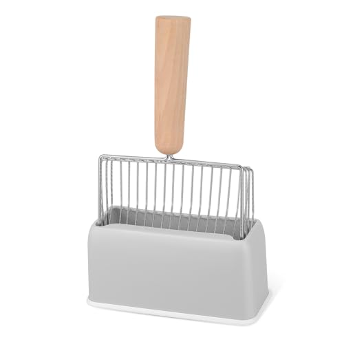 BESTonZON Metall Katzenstreuschaufel mit Holzgriff Langlebiger Katzenstreu Sieb Robuster Katzenklo Reinigungsschaufel mit Halterung Ergonomisch für Einfache Katzenstreu von BESTonZON