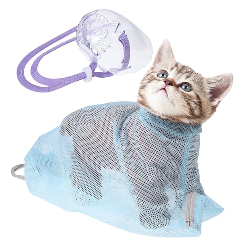 BESTonZON Verstellbare Atmungsaktive Katzen Badetasche aus Polyester Mesh mit Maulkorb Multifunktional für Baden Krallenschneiden und Pflege Geeignet für Katzen Komfortabel und Sicher von BESTonZON