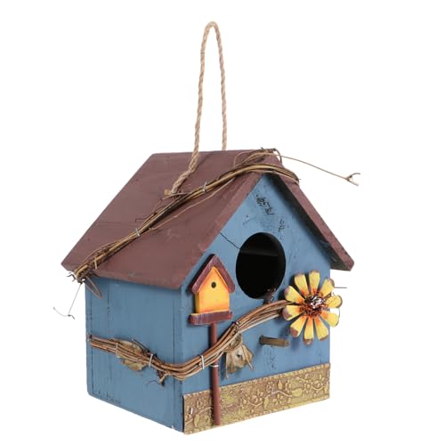 BESTonZON Wetterfestes Hängendes Holz vogelhaus mit Blauem Metallrand Dekoratives Papageienhaus für Garten Terrasse und Balkon Handgefertigter Wildvogel futterspender für Outdoor deko von BESTonZON