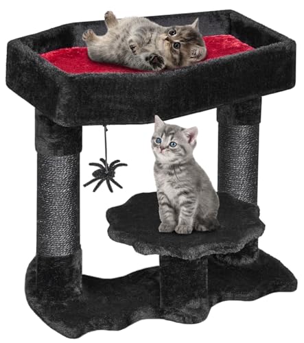 BEWISHOME Größerer Kratzbaum Turm für Innen Schwere Gothic Katzenbäume mit Sargbett, Gothic Katzenhaus mit Kratzstämmen, Katzenregale für Kätzchen, Spinne Spielzeug, Gruseliger Sarg Schwarz mit Rot von BEWISHOME