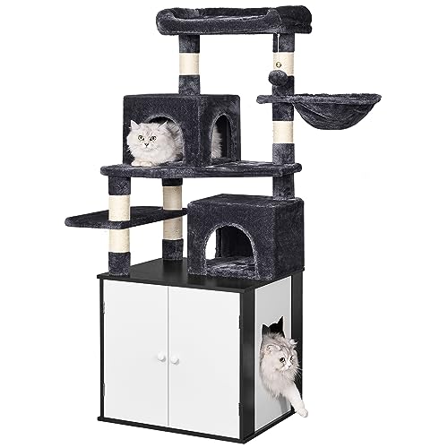 BEWISHOME Katzentoilettengehege All-in-One-Katzenbaum mit verstecktem Katzenklo Möbel Multifunktionaler Katzenturm mit Kratzstämmen Moderne Katzenhütte MMJ84D von BEWISHOME