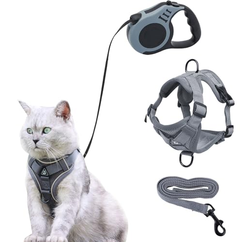 Katzengeschirr und Leine Set, Kätzchengeschirr mit 5 m/16,4 Ft Automatisch einziehbare Hundeleinen Verstellbare Hund Walking Weste mit Leine für Katzen und kleine Hunde, Welpengassigehen (L) von BEZHGOC