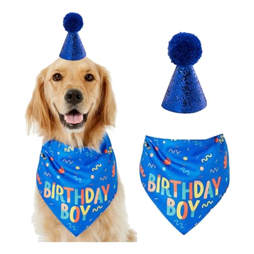 2-teiliges Hunde Halstuch,Geburtstagshut für kleine und Mittelgroße Hund,Hundegeburtstags,Bandana,Party-Kopfbedeckung,Perfekte Dekoration,Geschenke für Hundegeburtstage,Hundebekleidung & Zubehör(Blau) von BFUZXY