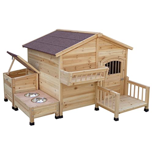 Hundehütte aus Holz für den Außenbereich, für den Innenbereich, erhöhte Haustierhütte aus Holz mit Asphaltdach, 2 Futternäpfen und Aufbewahrungsbox (braun, 105 x 126,6 x 74,5 cm) von BGFYUSF