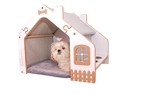BIANELLI Haustierhütte Hundebett Hundehütte mit Napfhalter und Kissen, für kleine Hunde und Katzen, 50x59x50cm, aus laminiertem MDF, Innenbereich, 2 Edelstahl-Näpfe (GRAU) von BIANELLI