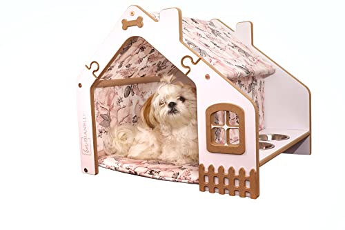 Haustierhütte Hundebett Hundehütte mit Napfhalter und Kissen, für kleine Hunde und Katzen, 50x59x50cm, aus laminiertem MDF, Innenbereich, 2 Edelstahl-Näpfe (Pinke Blumen) von BIANELLI