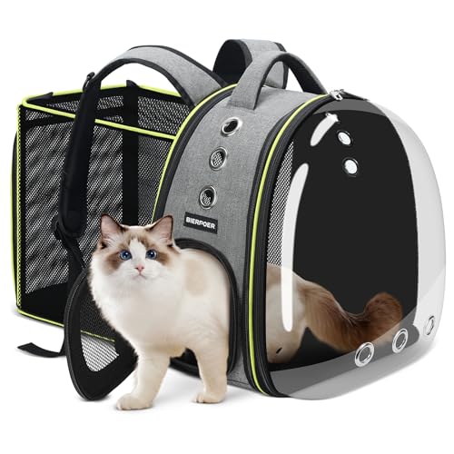 BIERPOER Katzen- und Hundetransportrucksack mit transparentem Fenster und Reißverschluss, erweiterbar, mit Belüftungslöchern und verstellbaren Gurten, für Katzen und kleine Hunde, grau von BIERPOER