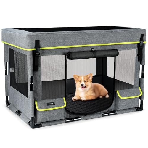 BIERPOER Welpenauslauf Hundebox Faltbar - Wasserdicht Tierlaufstall Abnehmbar Transportbox Freigehege für Katze Kaninchen Haustier, Hund Laufgitter für Camping Reisen, Grau von BIERPOER