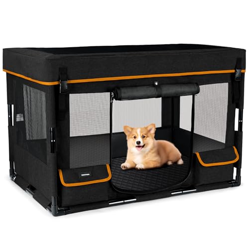 BIERPOER Welpenauslauf Hundebox Faltbar - Wasserdicht Tierlaufstall Abnehmbar Transportbox Freigehege für Katze Kaninchen Haustier, Hund Laufgitter für Camping Reisen, Schwarz von BIERPOER