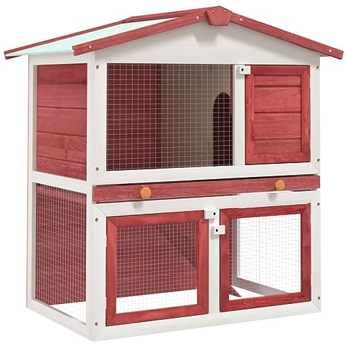 BIGTO Kaninchenstall Outdoor 3 Türen Rot Holz Kleintierhäuser & Lebensräume 94 x 60 x 98 cm von BIGTO