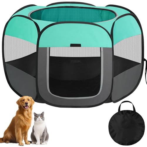Faltbarer Katzenlaufstall, Tragbare Hundehütte, Gehege für Katzen Hunde Welpen und Kleintiere für drinnen und draußen, Oxford-Gewebe, mit Tragetasche für Reisen und Camping Grün M von BIGWING Style