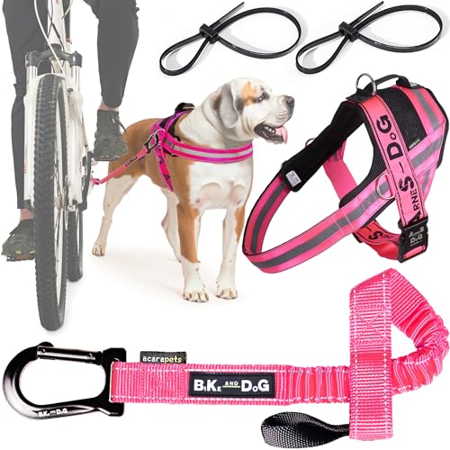 Hundeleine und Hundegeschirr für das Fahrrad, Geschirr mit seitlichen Ringen, inkl. 2 Fahrradgurte. Patentiert. (Rosa, XL) von BIKE AND DOG