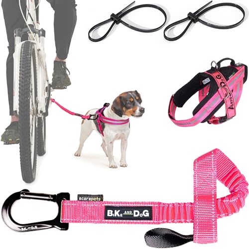 Hundeleine und Hundegeschirr für das Fahrrad, Geschirr mit seitlichen Ringen, inkl. 2 Fahrradgurte. Patentiert. (Rosa, XS) von BIKE AND DOG
