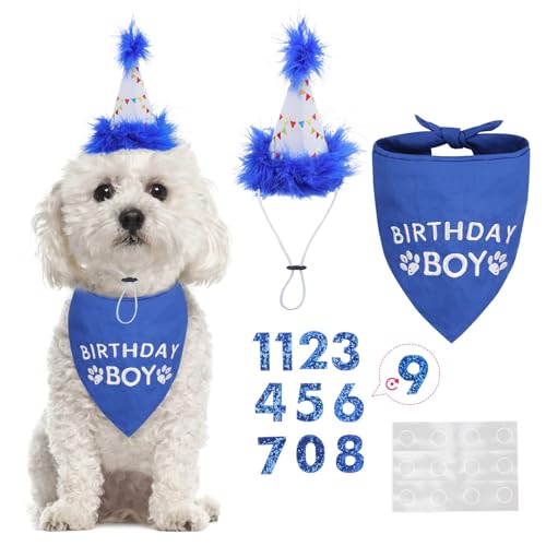 BINGPET Hunde-Geburtstags-Halstuch, weicher Geburtstags-Schal mit niedlichem Hut, tolles Geburtstags-Outfit, Geschenk und Party-Dekorationsset mit 0–8 Figuren BINGPET Hunde-Geburtstags-Halstuch, weicher Geburtstags-Schal mit niedlichem Hut, tolles Geburtstags-Outfit, Geschenk und Party-Dekorationsset mit 0–8 Figuren von BINGPET