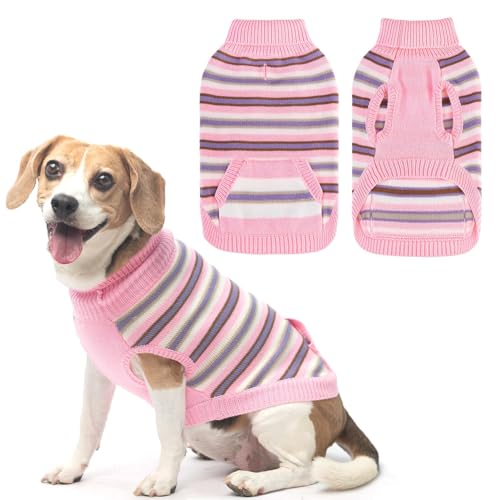 BINGPET Hundepullover mit Tasche – Rollkragenpullover für Mädchen und Jungen – Haustier warme Winterkleidung bunt gestreifte Sweatshirts Pullover für kleine bis große Hunde von BINGPET