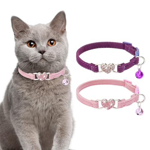 BINGPET Katzenhalsband mit Glöckchen, 2 Stück, Herz-Bling-Halsband Sicherheit mit weichem Samt, verstellbar für Kätzchen, lila, rosa von BINGPET