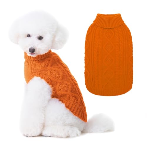 BINGPET Thermo-Strickpullover für Hunde und Katzen, Wintermantel, warmer Pullover für kleine/mittelgroße Hunde, klassischer Rollkragenpullover mit Zopfmuster, orangefarbenes Acryl von BINGPET