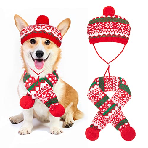 Weihnachten Hundekostüme Hundemütze Schal Set Stricken Schneeflocke Print Puppy Xmas Outfits Haustier Kostüm Zubehör 2 Pcs Winter warme Kleidung für kleine bis mittlere Hunde Katzen von BINGPET