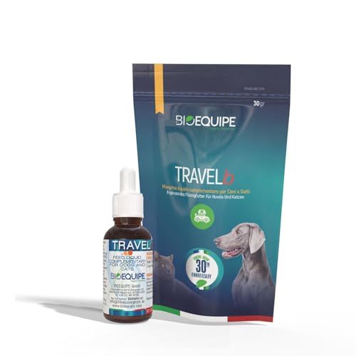 Travel360 Beruhigendes Nahrungsergänzungsmittel für Hunde und Katzen, 30 Tropfen, beseitigt Cortisol, natürliches Entspannungsmittel gegen Stress und Angst, L-Triptophan, Vitamine E, Passionsblume und von BIOEQUIPE