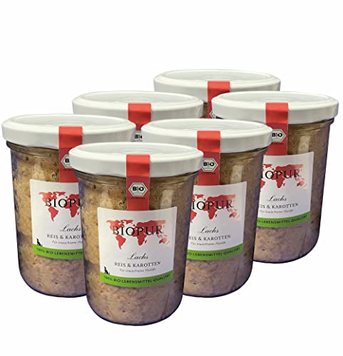 BIOPUR Hundenassfutter Lachs, Reis & Karotten 6x370g in 100% Bio-Lebensmittelqualität - ausgewogenen Zusammensetzung - aus hochwertigen Rohstoffen von BIOPUR Tiernahrung