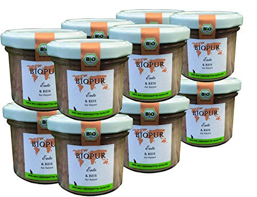BIOPUR Bio Katzenfutter 12x100g [Ente & Reis] - Premium Nassfutter - 100% Bio Qualität - Katzennassfutter » ausgewogene Zusammensetzung « Futter aus hochwertigen Zutaten für Katzen von BIOPUR Tiernahrung