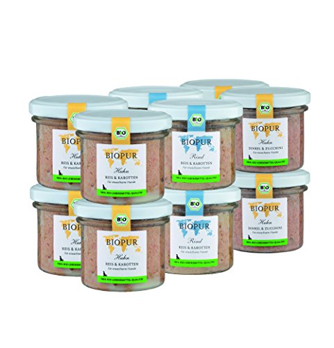 BIOPUR Bio Gemischtes Hundefutter 12x100g [Premium Nassfutter] - 100% Bio Qualität - Hundenassfutter » ausgewogene Zusammensetzung « Futter aus hochwertigen Rohstoffen für Hunde von BIOPUR Tiernahrung