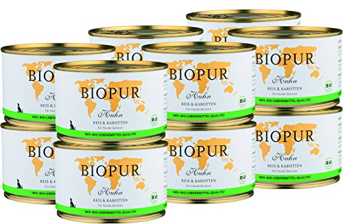 Bio Hundefutter Huhn, Reis & Karotten für Hunde-Senioren 12x400g von BIOPUR Tiernahrung