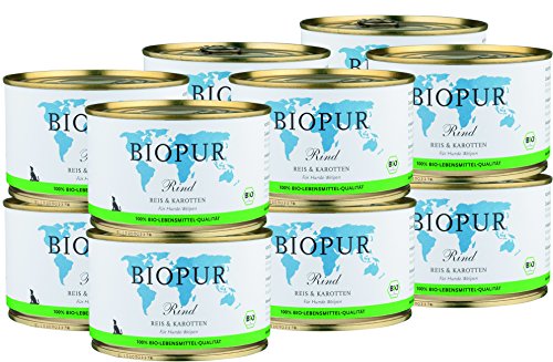 Premium Bio Hundefutter Rind, Reis & Karotten für Hunde-Welpen 12x400g von BIOPUR Tiernahrung