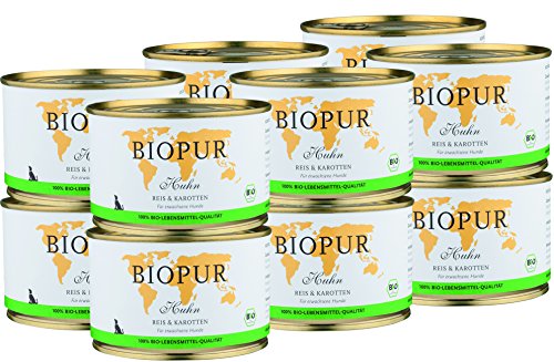 Premium Bio Hundefutter Huhn, Reis & Karotten für Hunde 12x400g in 100% Bio-Lebensmittelqualität von BIOPUR Tiernahrung