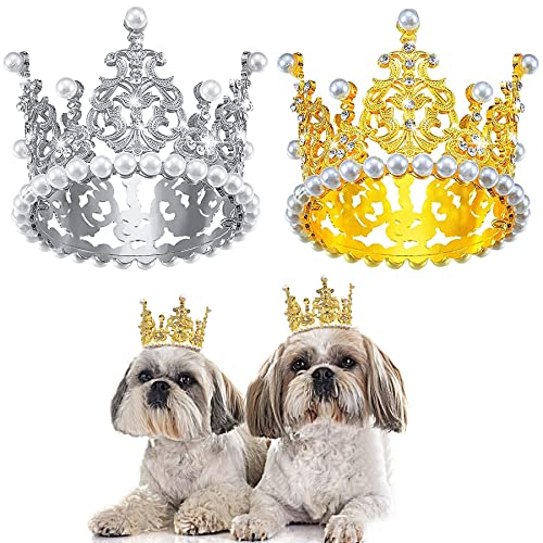 BIPY 2 Stück Hundekrone Stirnband Haustier Geburtstag Hüte Kopfschmuck Gold Silber Prinzessin Strass Kunstperle Krone Tiaras für mittelgroße kleine Welpen Katzen Hunde Party Hochzeit Haarschmuck von BIPY