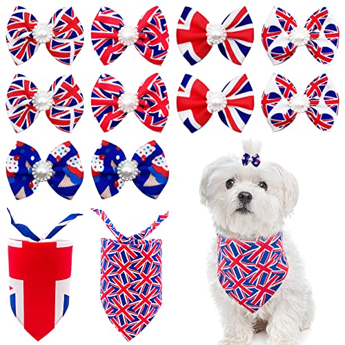 BIPY 2 Stück Union Jack Hundehalstücher und 5 Paar Hundehaarschleifen, UK-Flagge, Festival, Haustier-Dreieck, Schal, weiche Lätzchen für kleine, Hundehaarschleifen, zufällige Farbauswahl von BIPY