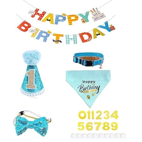 BIPY Blaues Hundehalsband, Banadana-Haustier-Party, Hut, Fliege, Happy Birthday-Banner für mittelgroße und große Katzen, weiche Lätzchen, Hunde-Party, verstellbares Haustier-Halstuch, Feier-Dekoration von BIPY