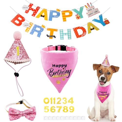 BIPY Hunde-Geburtstags-Halsband, Banadana-Haustier-Party, Hut, Fliege, Happy Birthday-Banner für kleine, mittelgroße Katzen, Hunde, weiche Lätzchen, Hunde-Party, verstellbares Haustier-Halstuch, von BIPY