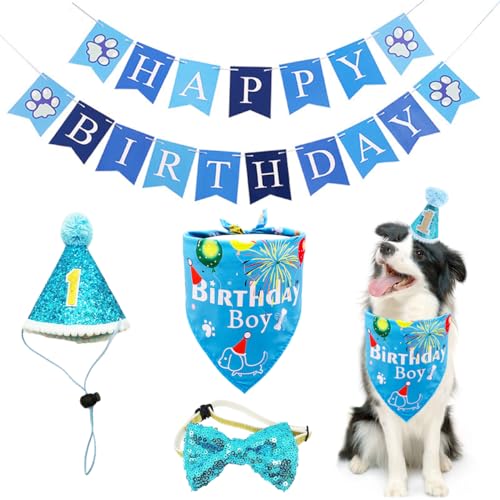BIPY Hundehut, Bandana-Banner für den 1. Geburtstag, für Jungen, kleine, mittelgroße Haustiere, blauer Kopfschmuck, Kostüm, Pflegezubehör für Party, Feier, Dekoration von BIPY