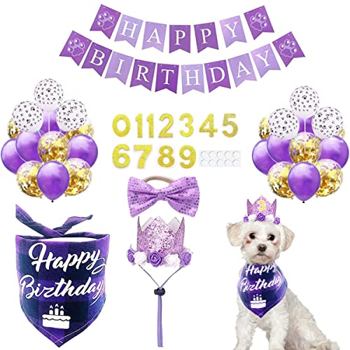 BIPY Violette Krone, Hunde-Banadanenhut, Fliege, Luftballons, Happy Birthday-Banner, wiederverwendbar, Kopfbedeckung, Prinzessinnen-Stirnband mit 0–9 Figuren, Pflegezubehör für Mädchen, Welpen, BIPY Violette Krone, Hunde-Banadanenhut, Fliege, Luftballons, Happy Birthday-Banner, wiederverwendbar, Kopfbedeckung, Prinzessinnen-Stirnband mit 0–9 Figuren, Pflegezubehör für Mädchen, Welpen, von BIPY