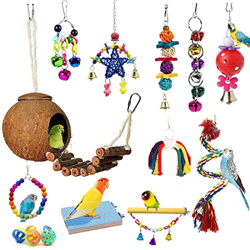 BIPY Vogelspielzeug für Papageien, hängende Glocken, Kugelschaukel, natürliche Kokosnuss, Vogelkäfig mit Leiter, Spielzeug, Haustier-Vögel, Ständer, Kaustangen, Holzspielzeug für Papageien, Sittiche, von BIPY