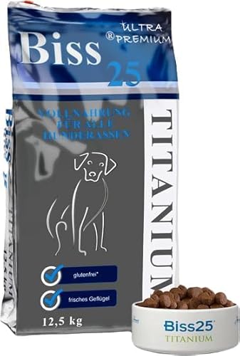 Biss 25 Titanium Premium-Hundefutter 12,5kg - Natürlich, Getreidefrei, Glutenfrei & Hypoallergen I Für optimale Hundegesundheit I Ohne Zusatzstoffe I Ideal für alle Rassen I Für Knochen, Gebiss & Fell von BISS 25