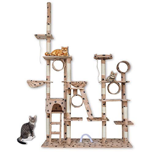 BITUXX® Deckenhoher Kratzbaum Katzenspielplatz Katzenhaus Katzenhöhle einstellbare Höhe 230-250cm (Beige/Pfote) von BITUXX