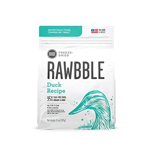 BIXBI Rawbble Gefriergetrocknetes Hundefutter, Entenrezept, 130 g – 95% Fleisch und Organe, Keine Füllstoffe, Speisekammerfreundliches rohes Hundefutter für Mahlzeit, Leckerli oder Futter-Topper von BIXBI