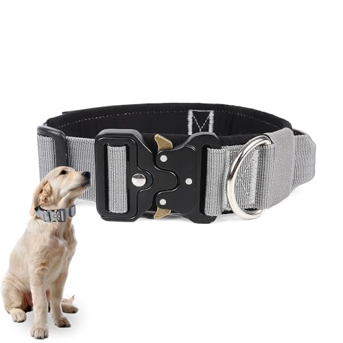 BJEBWAL Polizei Hundehalsband Polizei – Taktisches Hundehalsband mit Griff, 1000D Nylon, Metall-D-Ring für Diensthunde (Silbergrau, XL) von BJEBWAL