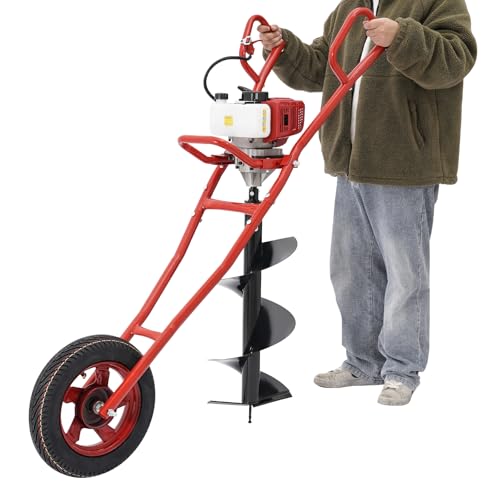 BJTDLLX 52CC 2-Takt Benzin Erdbohrer Gartenbohrer Pfahlbohrer, 1460W Erdlochbohrer mit Handwagen, Pfostenlochgräber Benzin Schubkarren Erdbohrer mit 30cm Bohrer, EIN-Zylinder Luftkühlung (Rot) von BJTDLLX