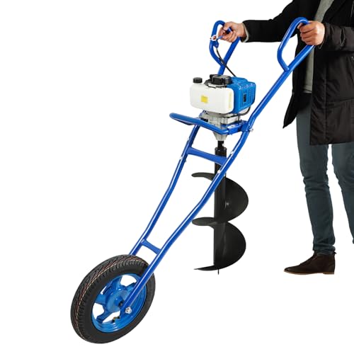 BJTDLLX Benzin Erdbohrer 52CC 2-Takt Erdlochbohrer Gartenbohrer, 1.46kw Benzin Schubkarren Erdbohrer Pfahlbohrer, Erdlochbohrer mit Handwagen Pfostenlochgräber Erdbohrgerät mit 30cm Bohrer (Blau) von BJTDLLX
