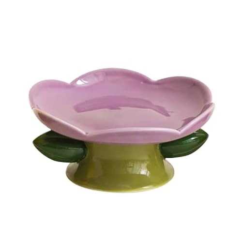 Niedlicher Keramiknapf for Katzen, hohe Fußplatte, rutschfeste Blumenform, for Hunde und Welpen, for Füttern von Futter (Color : A-Purple Plate) von BLBTEDUAMDE