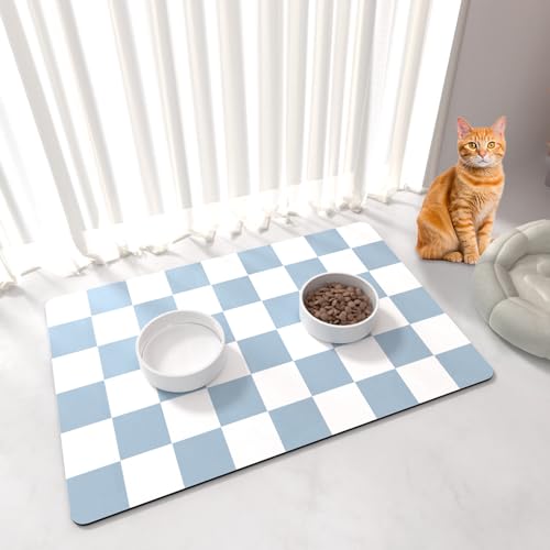 BLESWIN Katzenfutter Matte - 51x30,5CM Katze Hund Matten für Futter und Wasser Schüssel, Anti-Rutsch unter Haustier Schalen Matten für Unordentliche Trinker, Blau & Weiß von BLESWIN