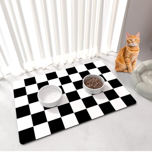 BLESWIN Katzenfutter Matte - 51x30,5CM Katze Hund Matten für Futter und Wasser Schüssel, Anti-Rutsch unter Haustier Schalen Matten für Unordentliche Trinker, Schwarz & Weiß von BLESWIN