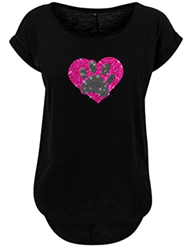 BlingelingShirts Fun Shirt Stolze Hundemama Herz mit Pfote Strass und Glitzer Dog Mom Shirt Hundepfote Pink und kristall, schwarz, Gr. XL Evi von BLINGELING